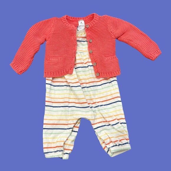 Old Navy Carters Rainbow Striped Romper Cardigan Outfit Sz 3-6 Months Set - Picture 2 of 6